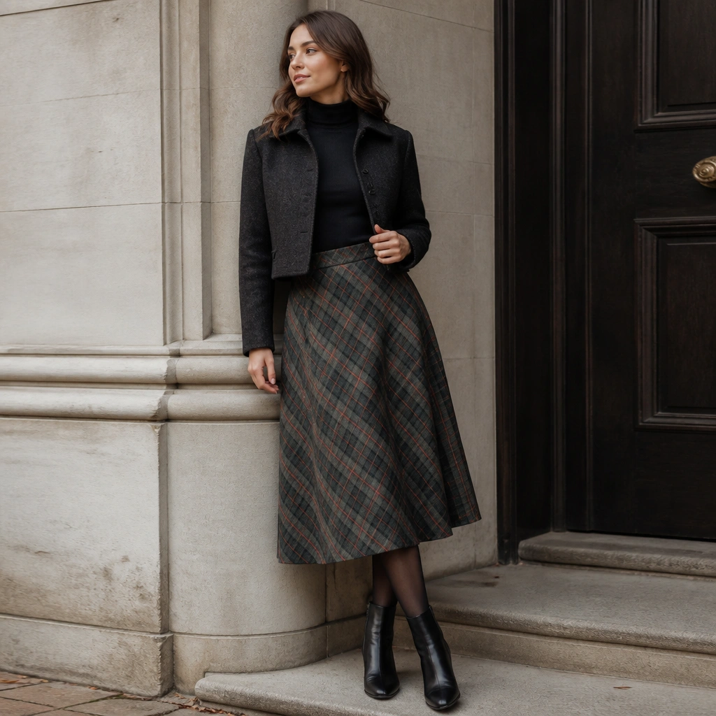 A woman wearing a tartan plaid midi skirt with a fitted black turtleneck and a cropped wool jacket; she has sheer-to-warm tights and black ankle boots.