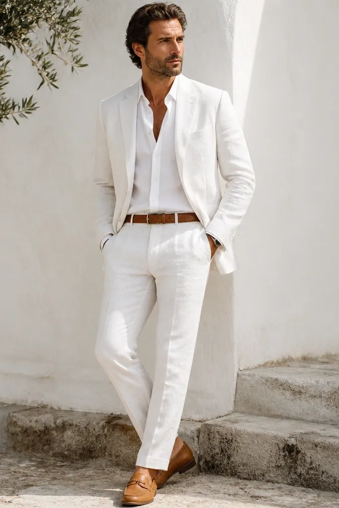 A pure white linen suit with visible linen weave, relaxed jacket structure, and tapered trousers. A tan leather belt and tan loafers anchor the look, with a white shirt and minimal accessories.
