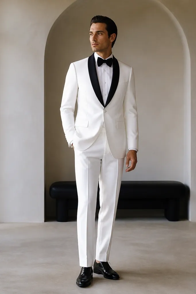 A white tuxedo jacket with glossy black satin shawl lapels, covered buttons, and a bow tie. The trousers are white with a clean tuxedo stripe look, styled with black patent shoes.