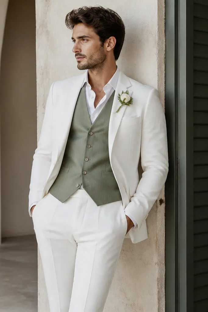 A white two-piece suit with a fitted sage green waistcoat, white shirt, and a simple boutonnière. The jacket has slim lapels, and the trousers are sharply tailored with a subtle crease.
