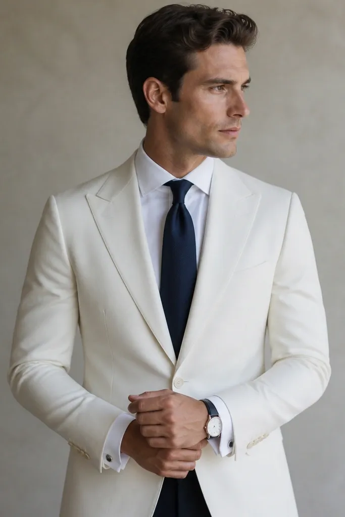 A tailored white suit jacket worn with a navy silk necktie and a white shirt featuring French cuffs. The cuffs are visible slightly at the wrists with a clean, minimal watch.