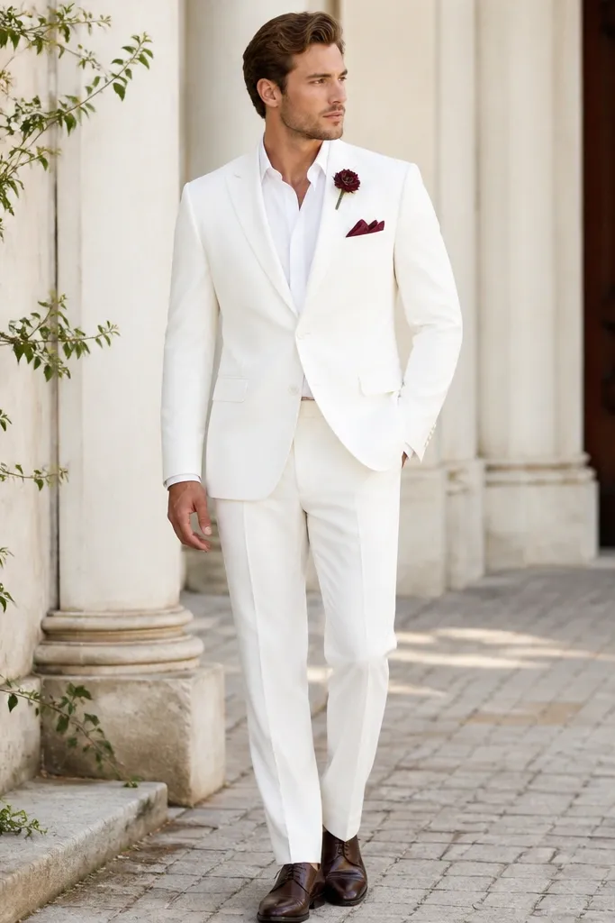 A bright white suit with a folded burgundy pocket square and a burgundy boutonnière pinned on the lapel. The shirt is white, and the shoes are dark brown leather with a slight sheen.