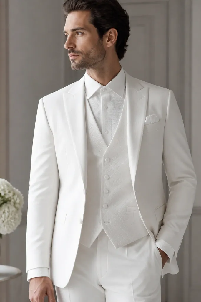 An all-white groom outfit: a white suit jacket over a lightly quilted white vest, with a textured shirt (micro-weave) and a clean white pocket square. The lapels are slim and the trousers are tailored.