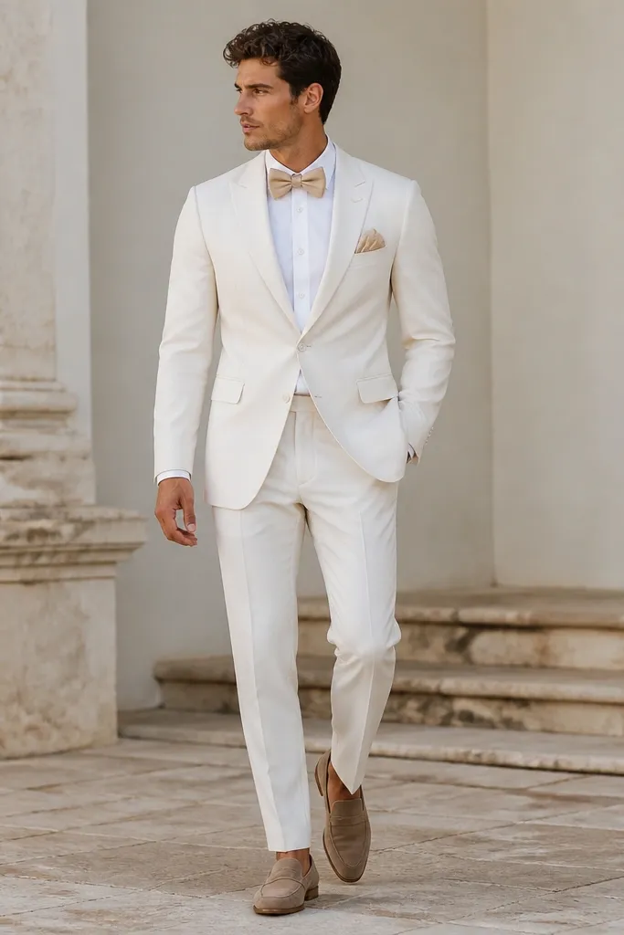 A white suit with a champagne-colored bow tie, a white shirt, and a pocket square with a soft champagne tint. The jacket is fitted with neat lapels, paired with light brown suede shoes.