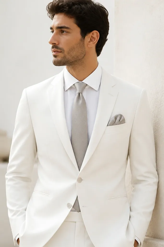 A white groom suit with a soft gray tie and a pocket square that matches the tie tone. The shirt is white, and the overall look is monochrome with gentle contrast.