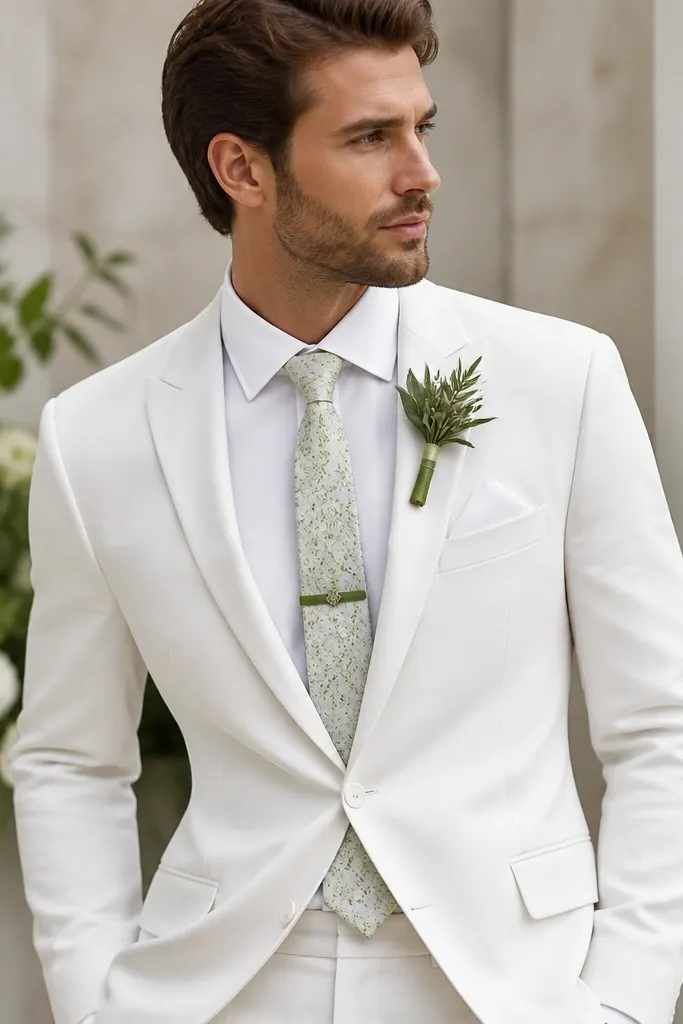 A white suit with a light patterned tie (subtle green tones) held by a green floral tie clip. The pocket square is white, and the boutonnière features greenery.