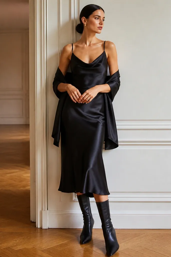 A black satin slip dress with thin straps and a matching satin wrap, styled with mid-calf black boots and a sleek hairstyle.