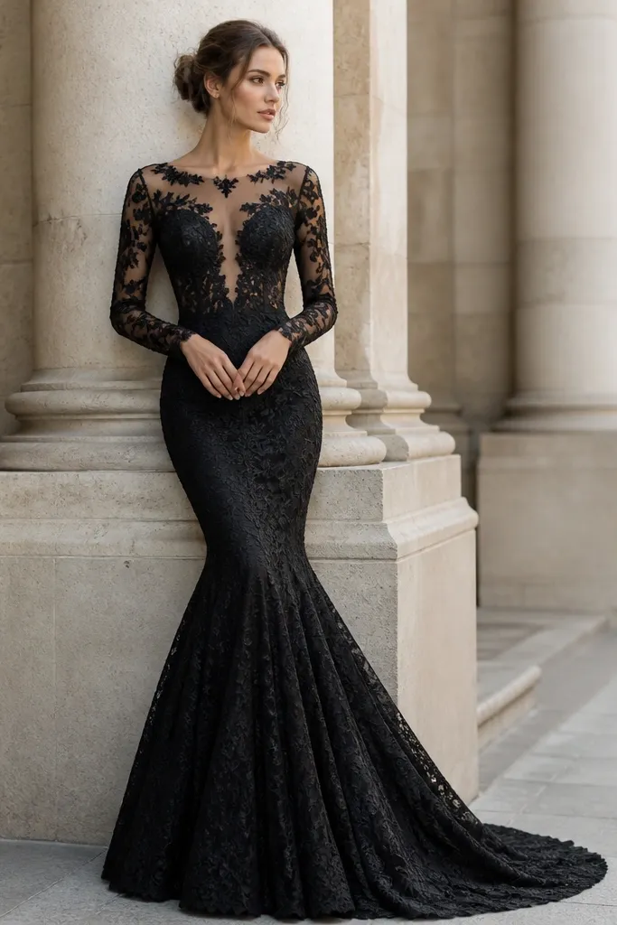 A black lace mermaid gown with long sleeves, an illusion neckline, and a fitted skirt that flares at the knee.