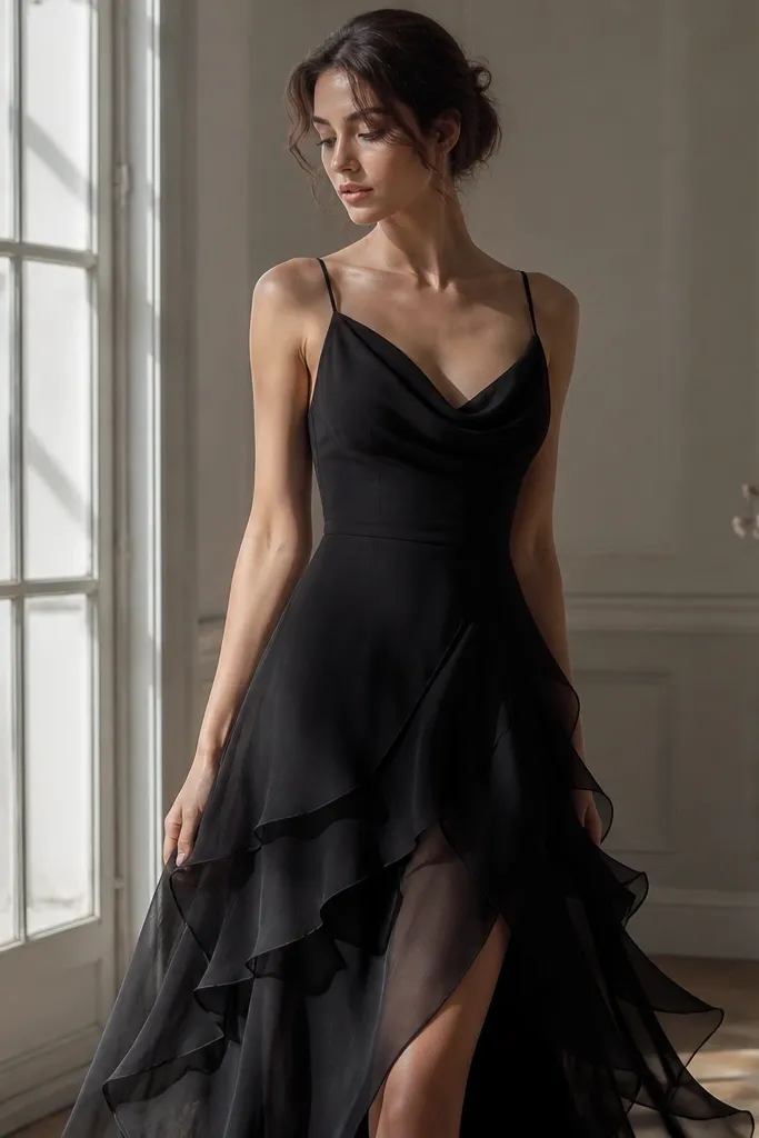 A black dress with a satin underlayer and a sheer chiffon overlay, featuring a softly layered skirt and elegant neckline.