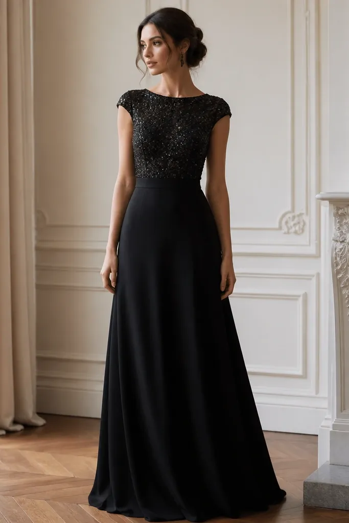 A black gown with a fully embellished sequin bodice, a smooth matte skirt, and a modest neckline.