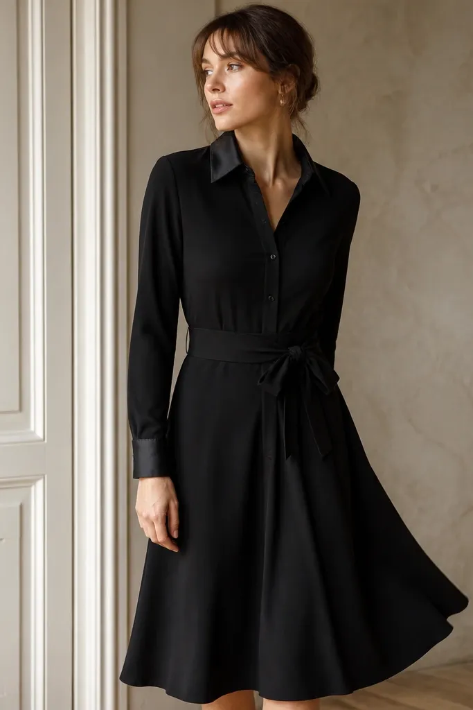 A black midi shirt-dress with a satin collar and cuffs, a defined waist tie, and a slightly flared skirt.