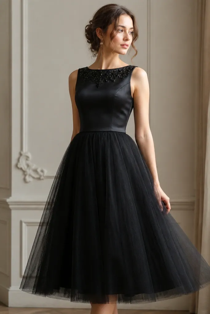 A black tea-length dress with a satin bodice and a black tulle skirt, featuring a fitted waist and delicate sparkle at the neckline.