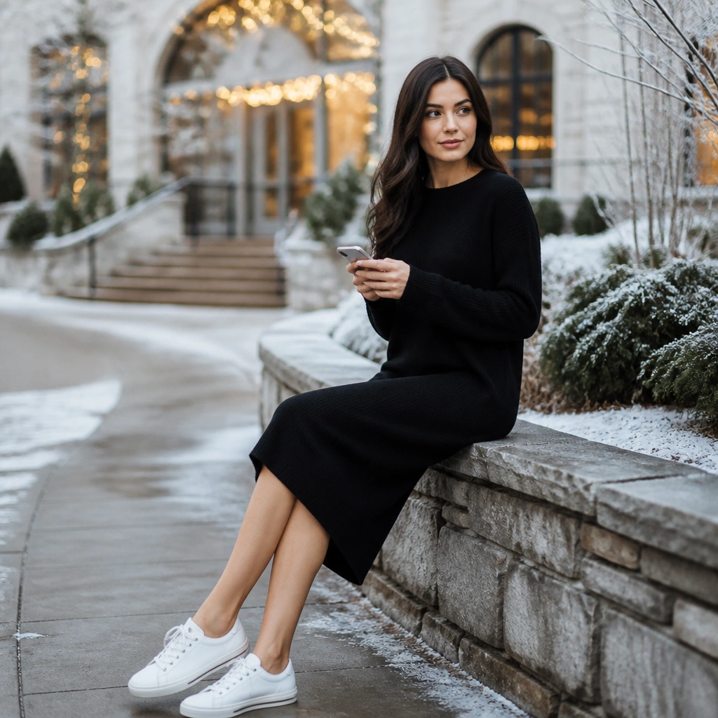 A woman seated outdoors in winter wearing a plain black sweater dress with long sleeves, paired with white low-top sneakers; she holds her phone, looking casual. Background shows a frosty sidewalk and blurred wedding venue lights.