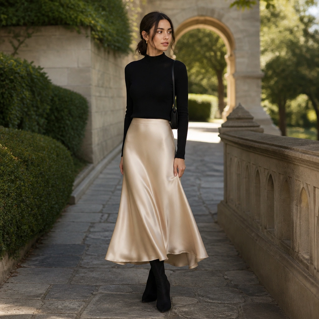 The same person now wears the black sweater base with a flowing champagne satin midi skirt layered over it, creating a two-tone silhouette. She’s standing on a stone path; the satin catches light with soft movement.