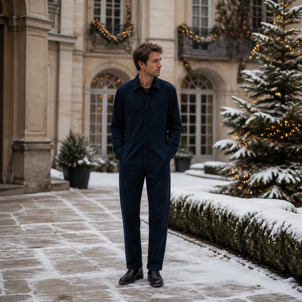 A man stands in a winter courtyard wearing a dark navy jumpsuit with a straight cut; the fabric looks matte and the outfit hangs loosely. His hands are in pockets and he looks slightly underdressed compared to the festive setting.