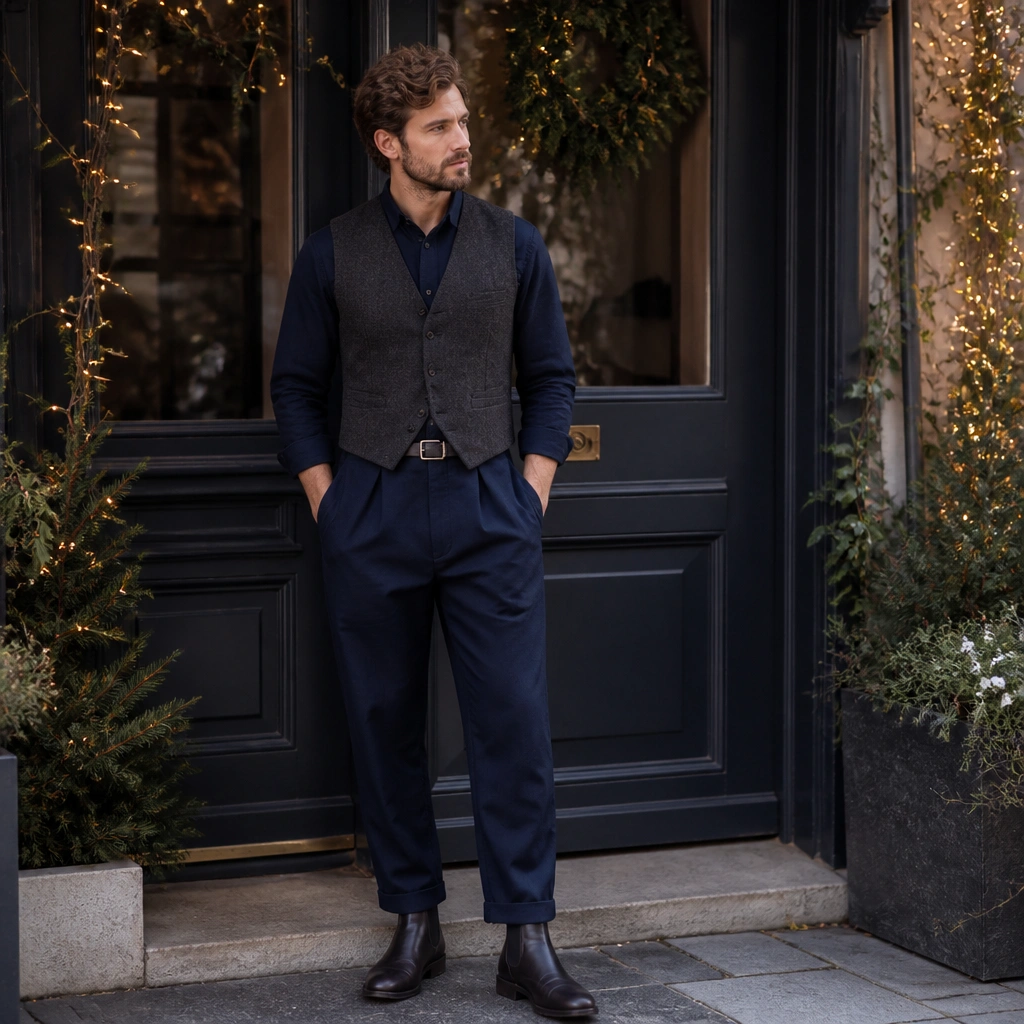 The same man now wears a charcoal wool waistcoat over the navy jumpsuit, with a slim leather belt at the waist. He pairs it with dark leather Chelsea boots; background shows a decorated doorway with string lights.