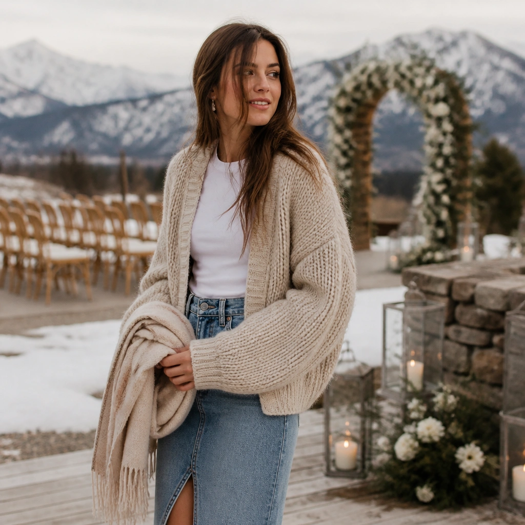 A woman outdoors in cold weather wears a chunky beige cardigan over a denim skirt with a simple tee underneath. She’s holding a scarf, and the outfit looks casual against a winter wedding backdrop.