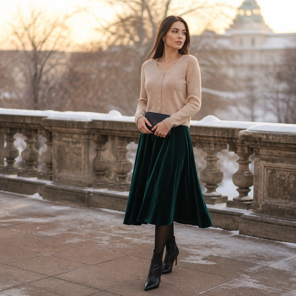 The woman now wears the same beige cardigan with a deep green velvet midi skirt, sheer black tights, and heeled ankle boots. Her hair is styled smooth and she carries a small clutch; the winter background glows softly.
