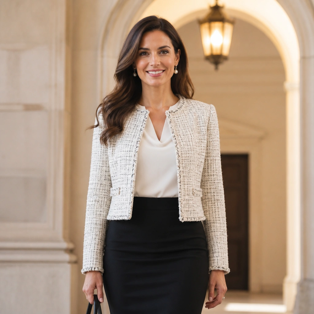 The same woman now wears a cropped tweed jacket in cream with subtle black flecks over the blouse, plus small pearl drop earrings. Her pencil skirt remains, but the outfit looks more structured; she’s smiling in front of a lit archway.