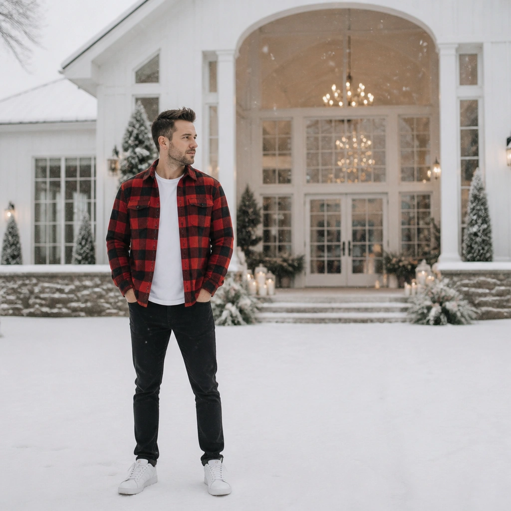 A man wears a red-and-black plaid overshirt over a simple tee with white sneakers. He’s standing in snow with a relaxed posture; the outfit looks everyday against the elegant wedding venue.