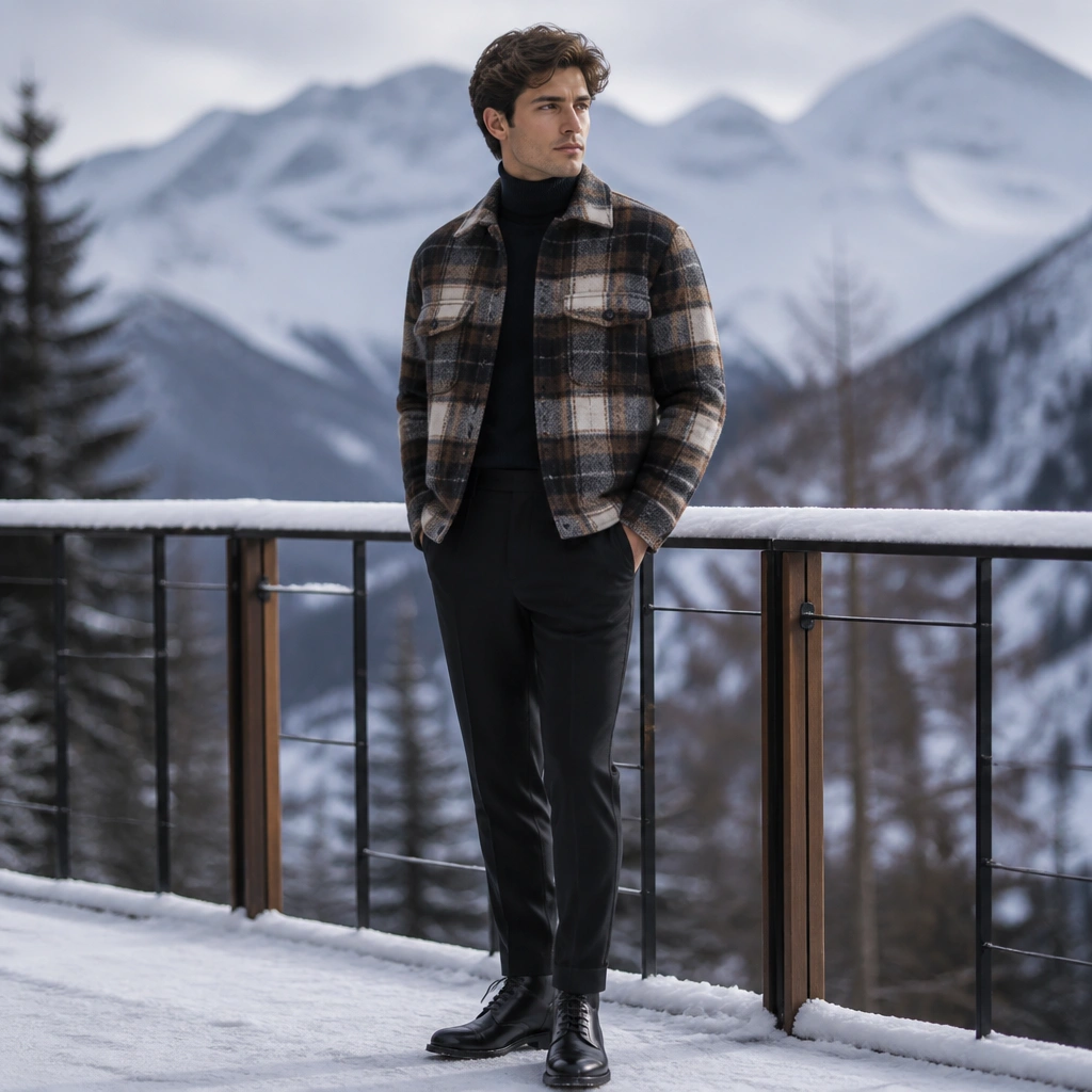 He now wears the plaid piece as the outer layer over a dark turtleneck, paired with slim tailored black trousers and leather lace-up boots. The snow scene remains, but the overall look is sharper and more elevated.