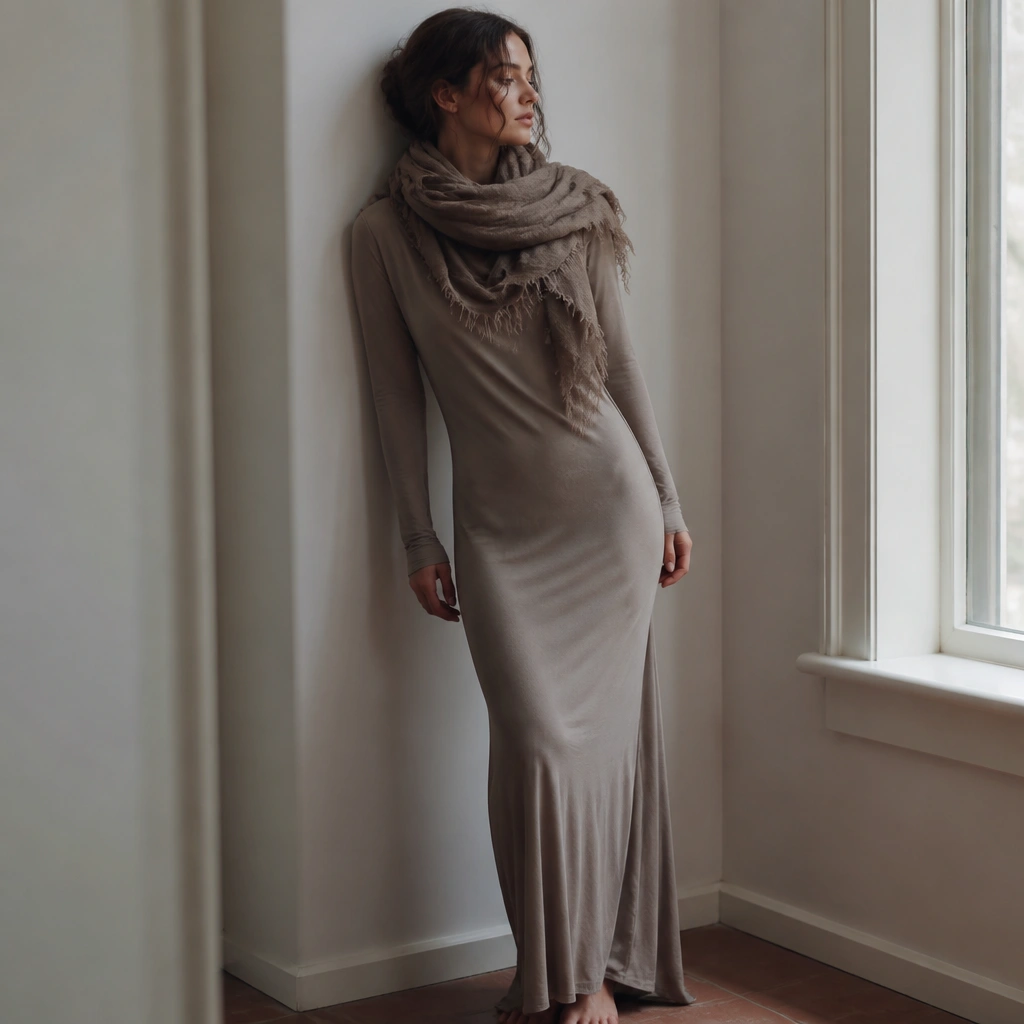 A woman wears a long, flowing maxi dress in a muted tone that looks slightly clingy and slippery; she’s bundled in a scarf. The dress drapes without structure, and the photo looks a bit unstyled.