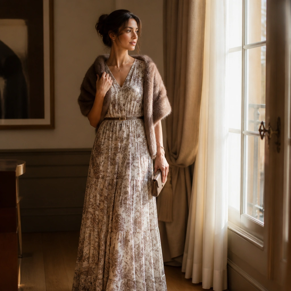 The woman now wears the same maxi dress with a slim waist belt and a faux fur stole in warm taupe over her shoulders. She’s standing near a window with soft warm light, and her silhouette looks defined and elegant.