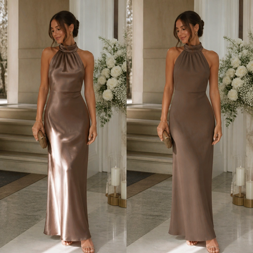 A winter wedding guest outfit photo showing a satin-like dress catching bright flash, with visible glare on the skirt; beside it, the same silhouette in a matte wool-blend fabric.