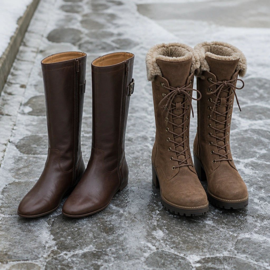 Two pairs of boots shown side-by-side: one with a flat, narrow sole on icy outdoor pavement (uneven footing), and one with a treaded sole and a slightly heeled winter profile.