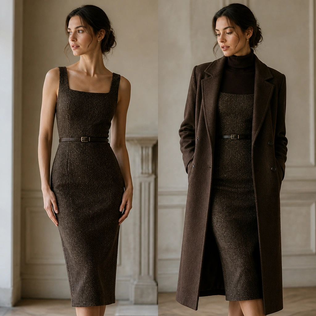 A fitted winter dress without layers, with the neckline exposed and arms bare; next to it, the same dress styled with a fitted turtleneck top under a sleeveless bodice and a long coat.