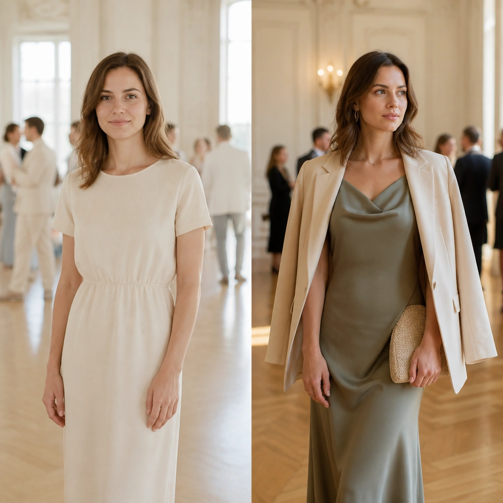 A split image: on the left, a guest wearing a very plain outfit that blends into a bright ballroom; on the right, a guest with subtle texture and a dressy layer that stands out without being flashy.