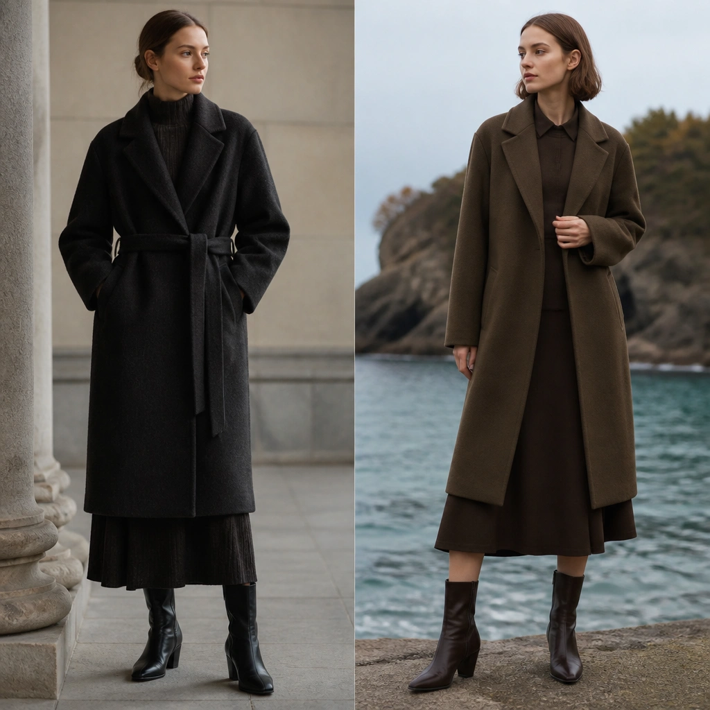 A midi dress with a long coat that ends at the same point, creating a heavy block line; next to it, a coat length that ends higher or a dress hem that shows a small boot detail.