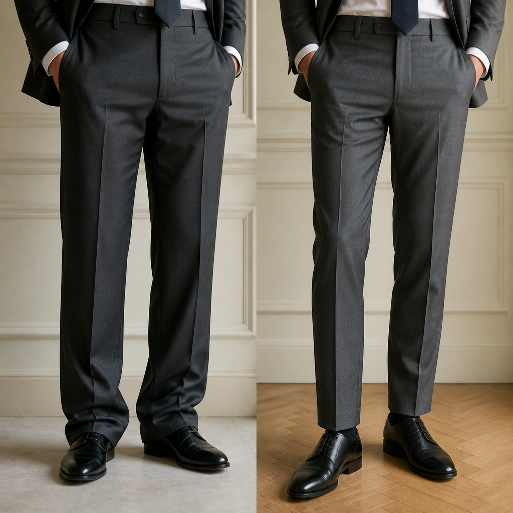 A side-by-side of two men’s suit trouser lengths: one pooling over the shoes (dirty hem risk), and one with a clean break that sits neatly above the shoe.