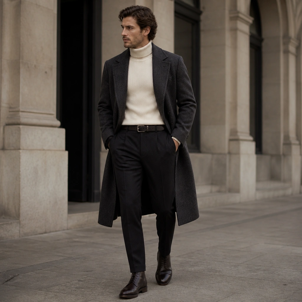 Man styled in a cream ribbed turtleneck tucked into black tapered trousers, wearing a long charcoal wool overcoat; he has a dark leather belt and polished lace-up boots.