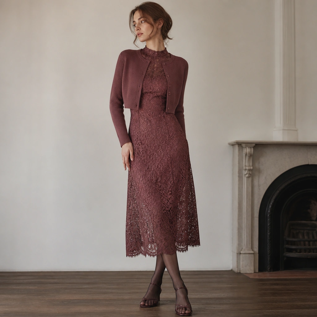 Woman wearing a rosewood high-neck lace midi dress with a cropped matching knit cardigan; styled with sheer tights and strappy low heels.