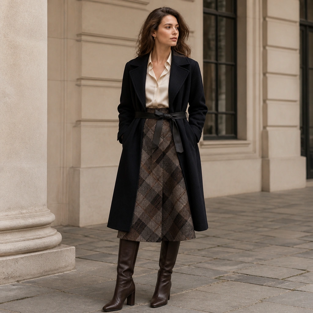 Woman wearing a plaid wool midi skirt with a cream silk blouse, cinched with a belt, plus a belted dark overcoat; she’s shown with knee-high boots.