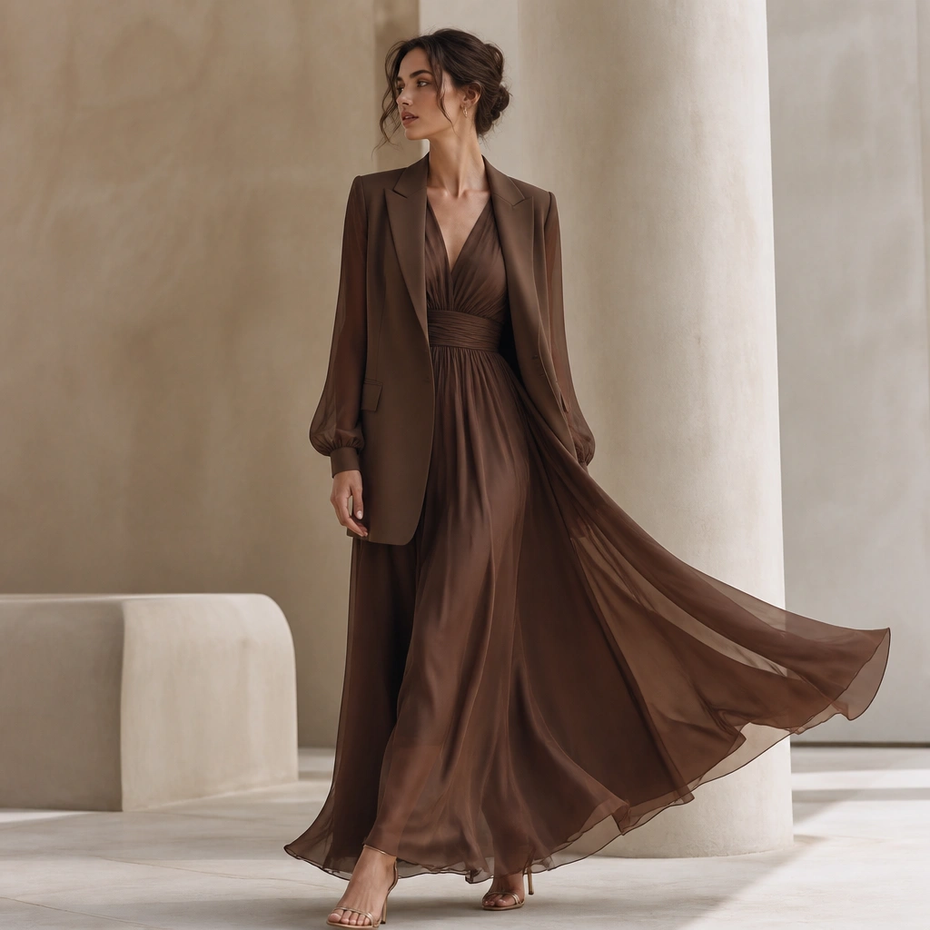 Woman wearing a cocoa-brown chiffon maxi dress with a flowing skirt, styled with a longline tailored blazer; the image shows sheer sleeves and elegant heels.