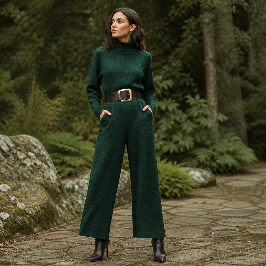 Woman in a forest-green textured knit jumpsuit with a high neckline, cinched with a wide statement belt; styled with heeled ankle boots and small earrings.