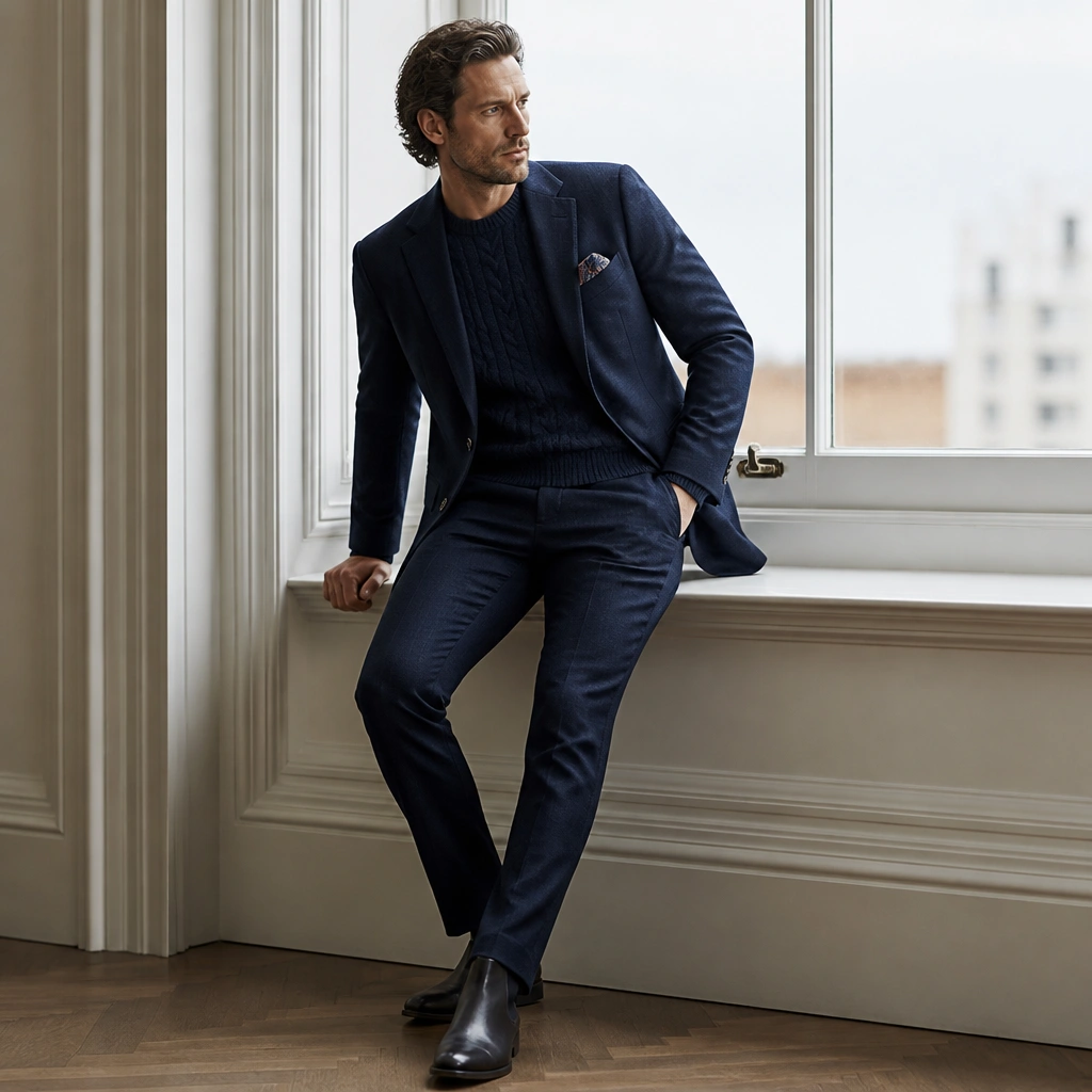 Man wearing a navy wool suit with a cable-knit crew sweater under the jacket, no tie; he has a pocket square and dark Chelsea boots.