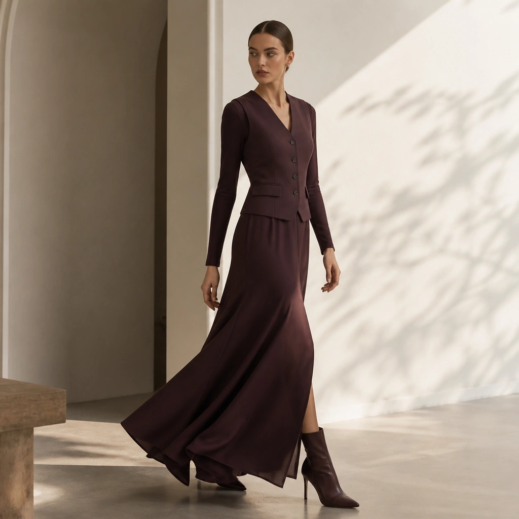 Woman wearing a plum satin-back crepe gown with a structured tailored vest layered over the bodice; she has long sleeves and heeled boots.
