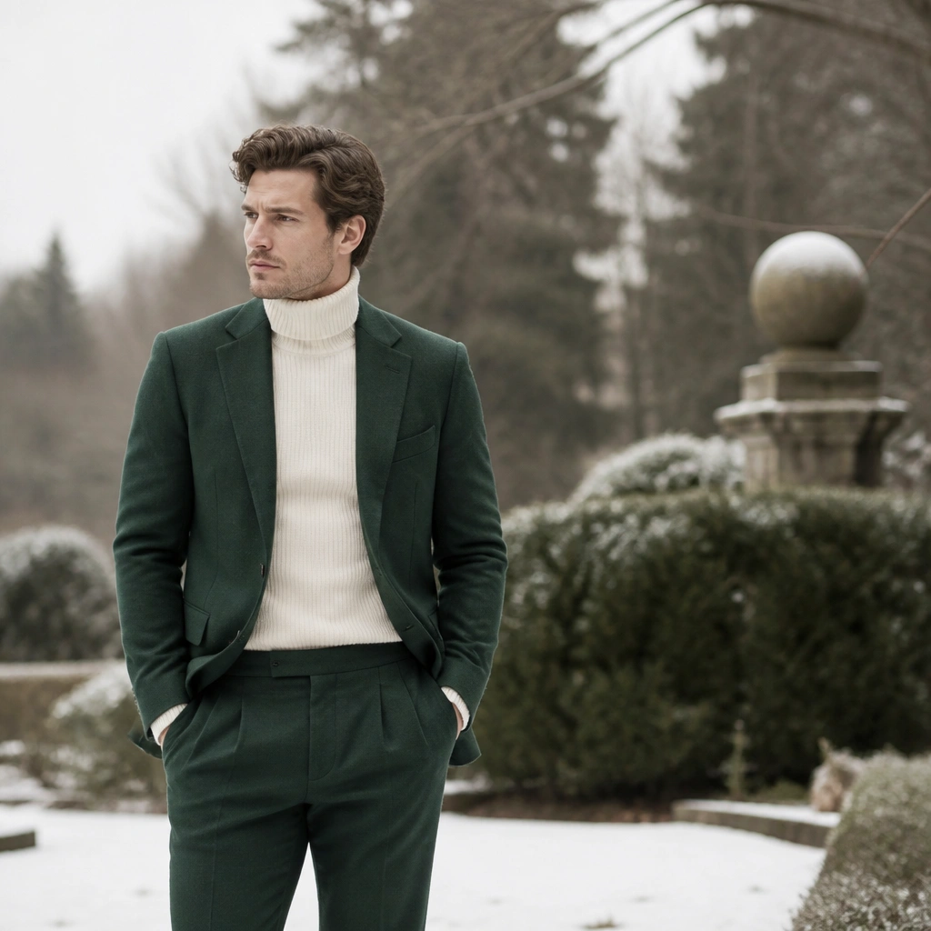 A men’s model in a forest green wool suit jacket and trousers with a cream ribbed roll-neck sweater underneath, standing outdoors near a winter garden with soft snow on the ground.