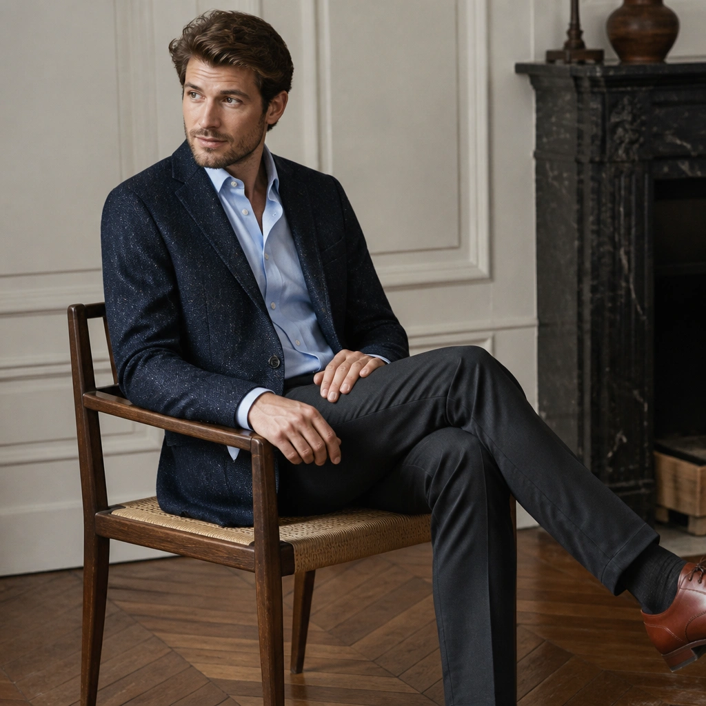 A navy tweed blazer with visible texture and subtle flecks paired with charcoal dress trousers, a light blue collared shirt peeking out, and brown leather lace-up shoes.