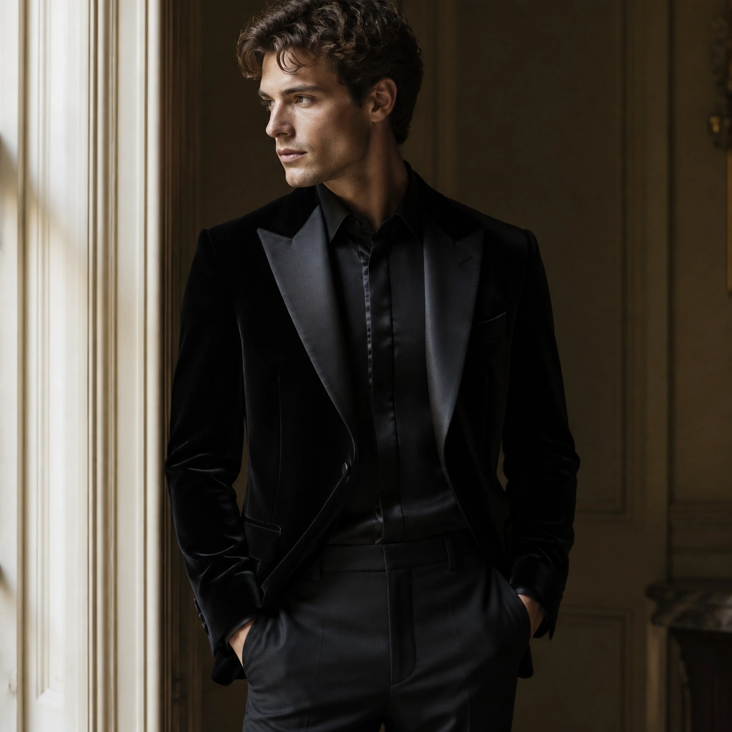 A black velvet dinner jacket with a soft sheen and a satin-trim lapel, paired with black trousers and a dress shirt that has a subtle satin highlight at the placket.