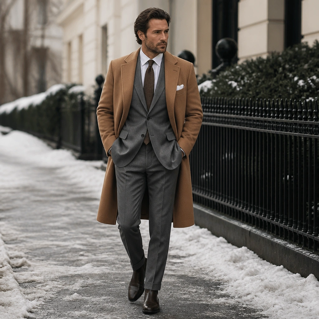 A camel overcoat worn over a mid-gray suit, with a white pocket square visible, and dark brown boots on a winter street scene.