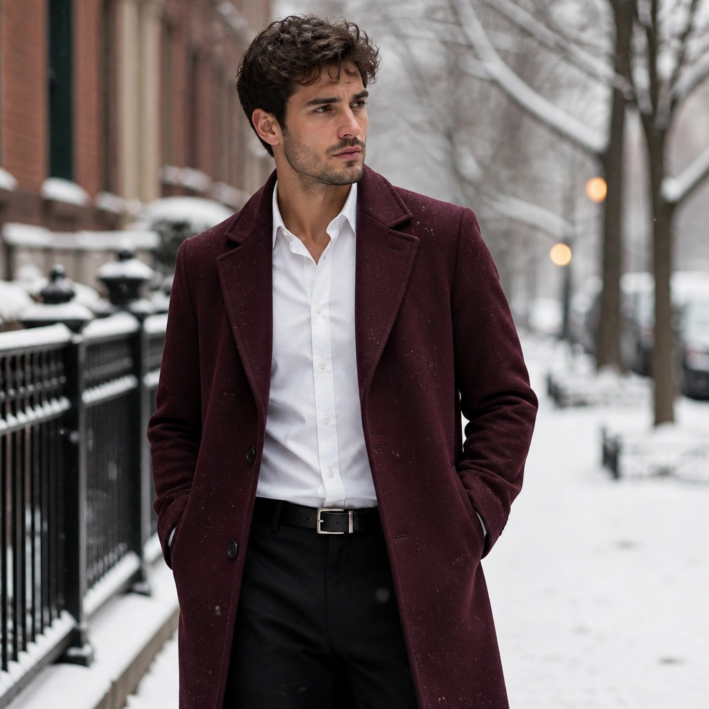 A rich burgundy topcoat over black trousers, with a crisp white button-down shirt and a simple black leather belt; the setting looks like a snowy sidewalk.