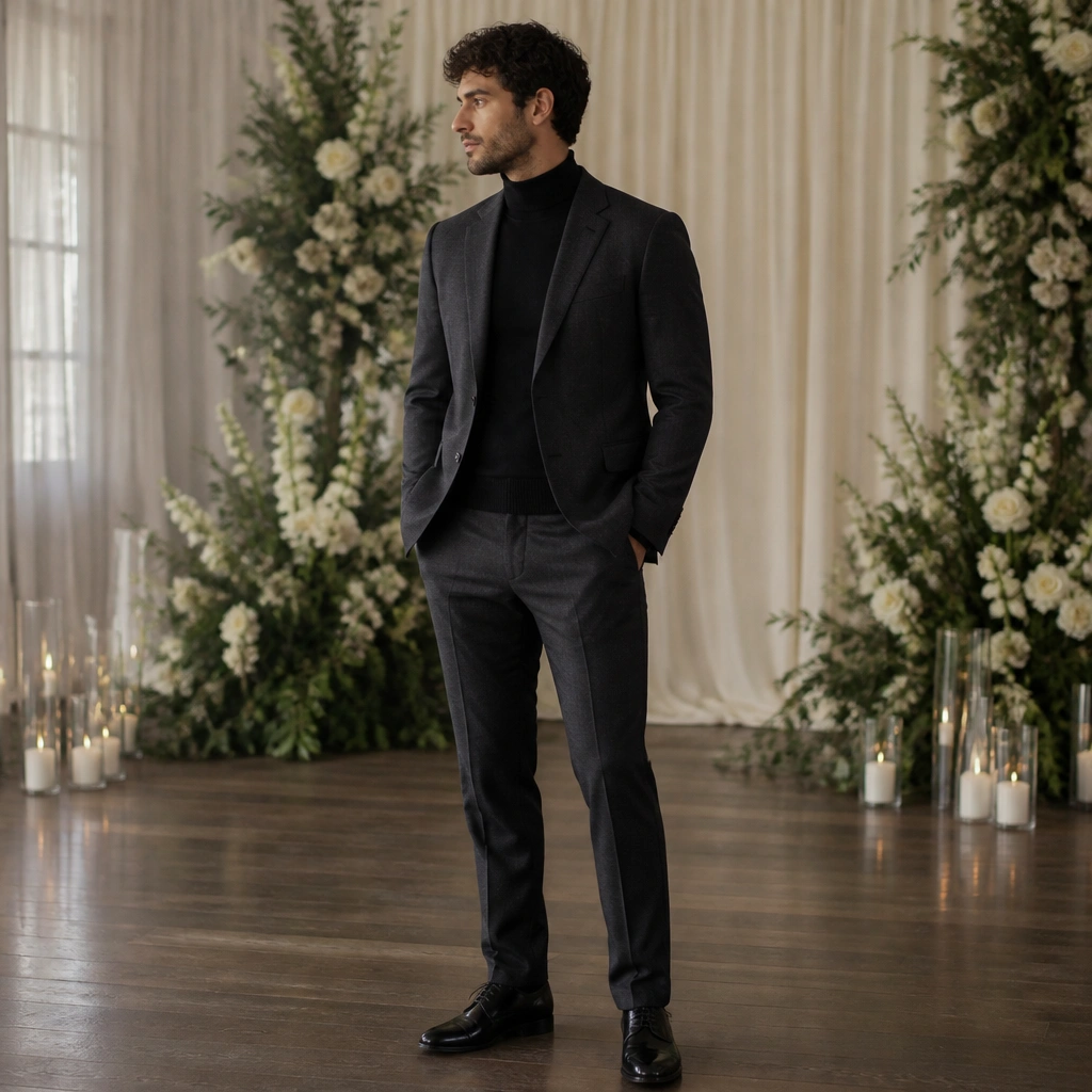 A charcoal suit with a fitted black turtleneck sweater underneath, minimal accessories, and polished black dress shoes on an indoor wedding venue floor.