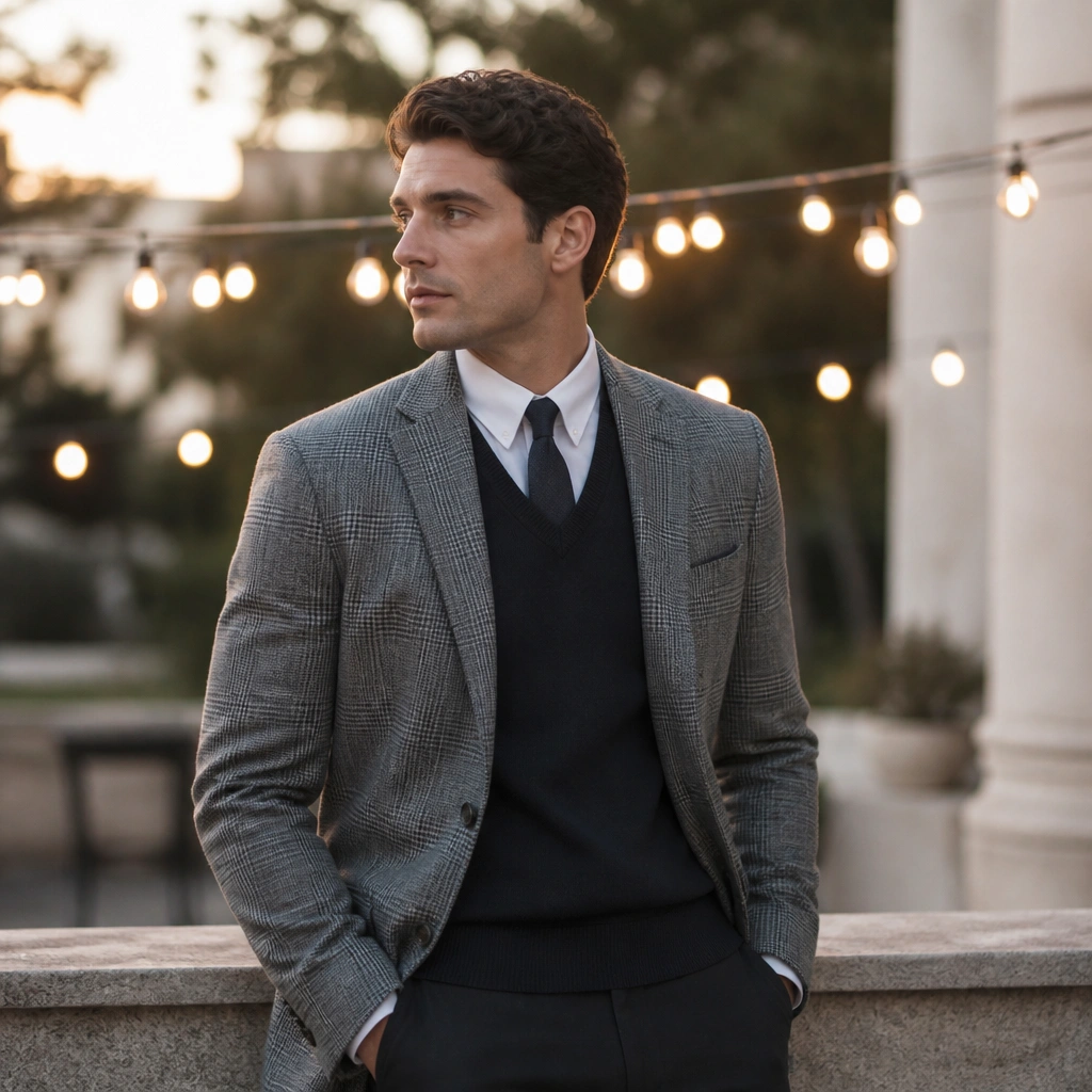 A gray check sport coat layered over a navy sweater vest, with a white shirt and a slim tie; the man stands near string lights outdoors.