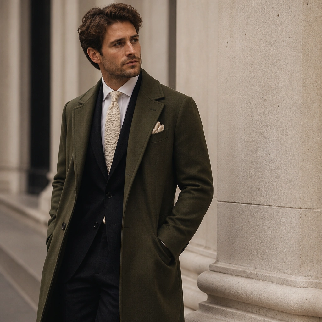 An olive green overcoat over a dark suit, with a cream knit tie (or knit tie-like scarf detail) and a pocket square in a matching light tone.