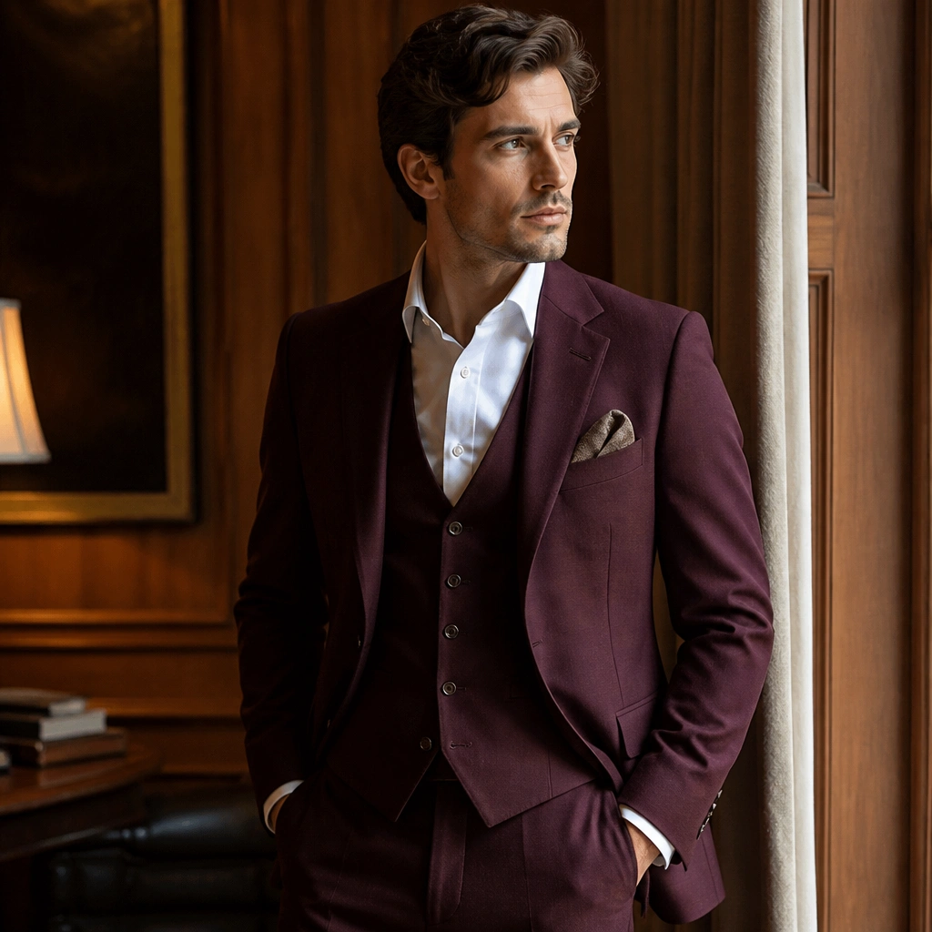 A three-piece burgundy suit with a matching waistcoat, a white dress shirt, and a wool pocket square tucked into the breast pocket; warm indoor lighting highlights the fabric.