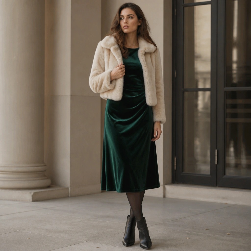 A deep emerald velvet midi dress with a fitted waist and subtle sheen, paired with a cropped light-cream faux-fur jacket; black tights and pointed-toe ankle boots complete the look.